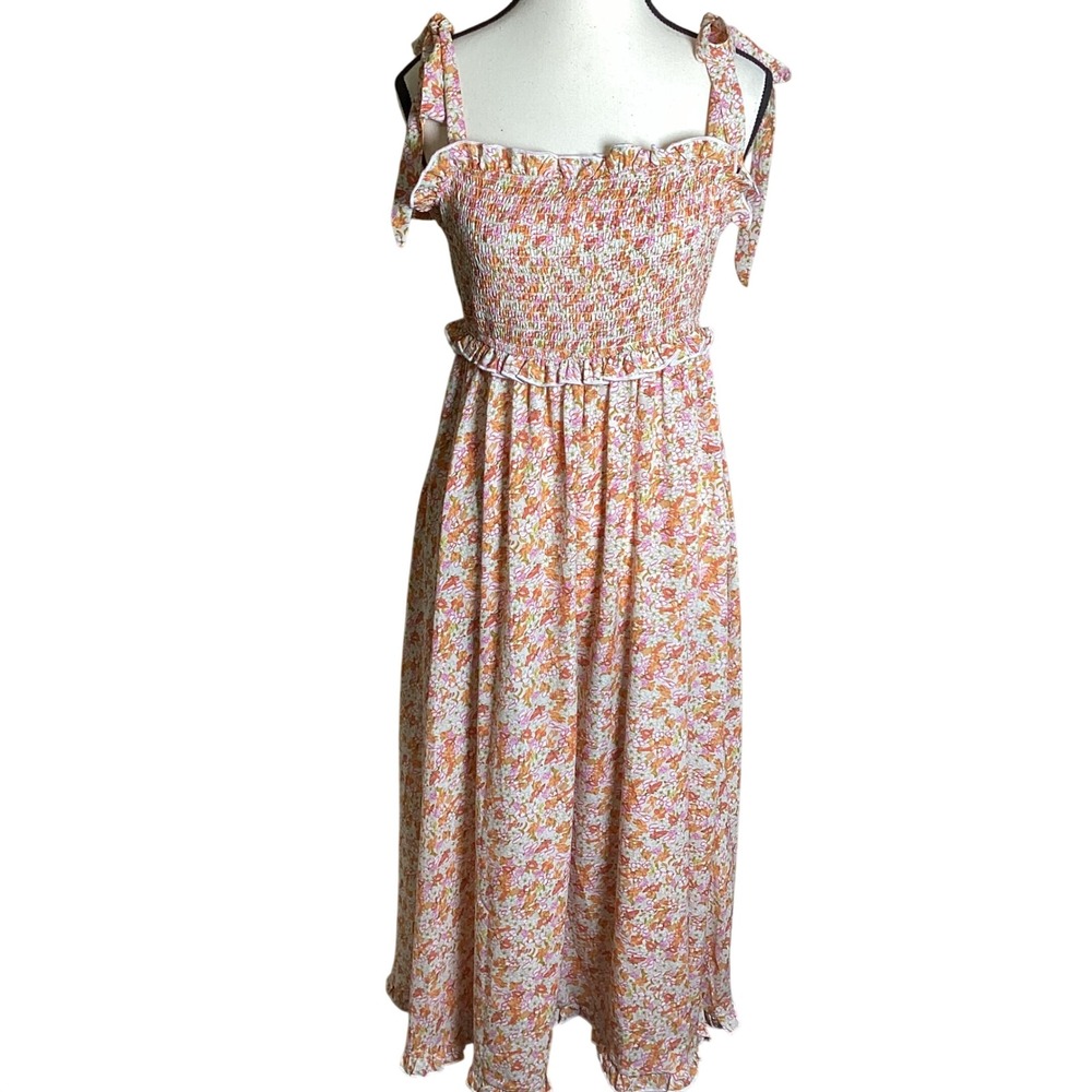 MVN THE LABEL Women Orange‎ Pink Floral Smocked Tie Shoulder Maxi Dress US 4 S